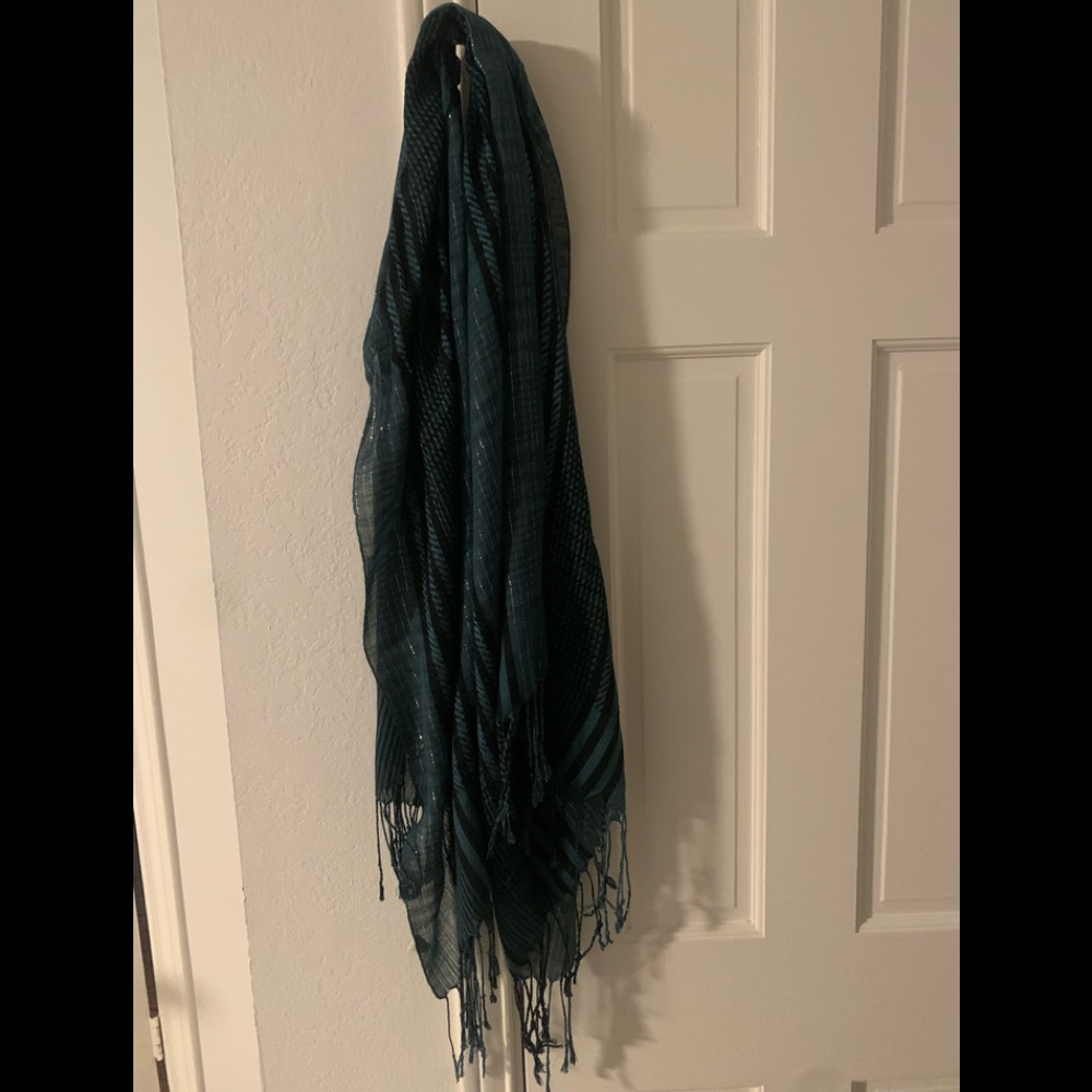 Urban Outfitters Teal and Black Plaid Scarf with Silver Metallic